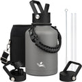 Insulated Water Bottle with Straw,50 oz 3 Lids Water Jug with Carrying Bag,Paracord Handle,Double Wall Vacuum Stainless Steel Metal Flask,Gray
