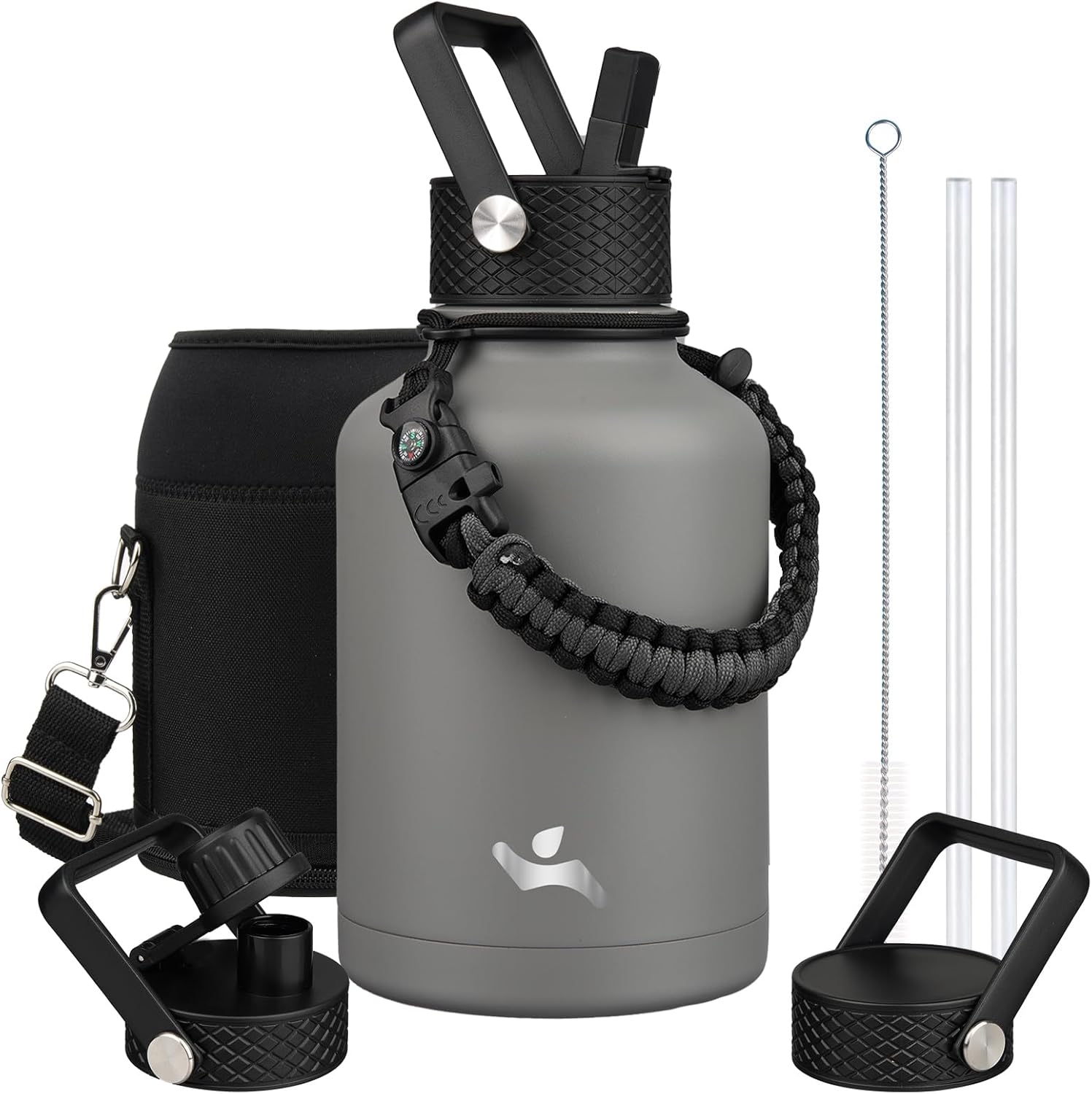 Insulated Water Bottle with Straw,50 oz 3 Lids Water Jug with Carrying Bag,Paracord Handle,Double Wall Vacuum Stainless Steel Metal Flask,Gray