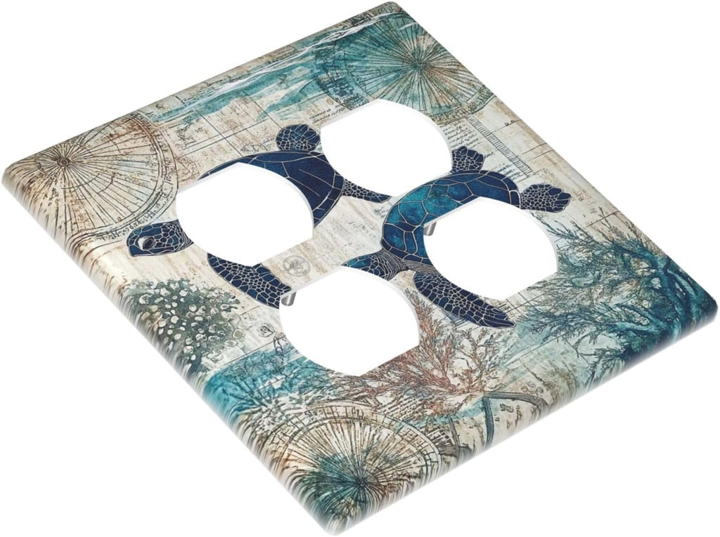 Blue Green Sea Turtle Tropical Ocean Coral Nautical Map Outlet Covers 2 Gang Double Duplex Decorative Light Switch Covers Electrical Wallplates Socket Faceplate For Bed Room Bathroom Decor