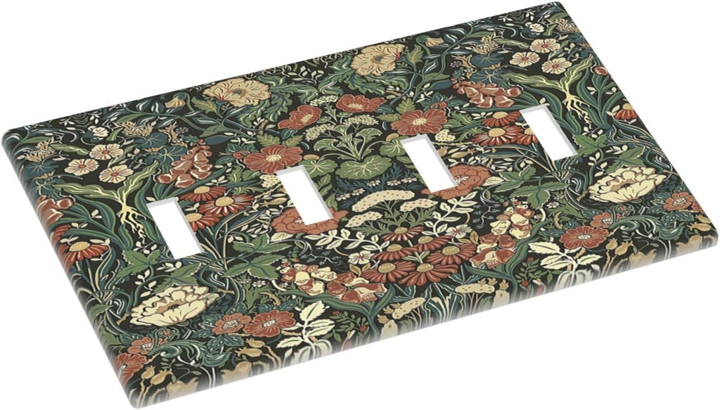 Light Switch Covers Vintage Dark Floral William Morris Green Flower Quad Toggle Electrical Faceplate 4 Gang Wall Plate Decorative Switch Plates for living Room Home Decor