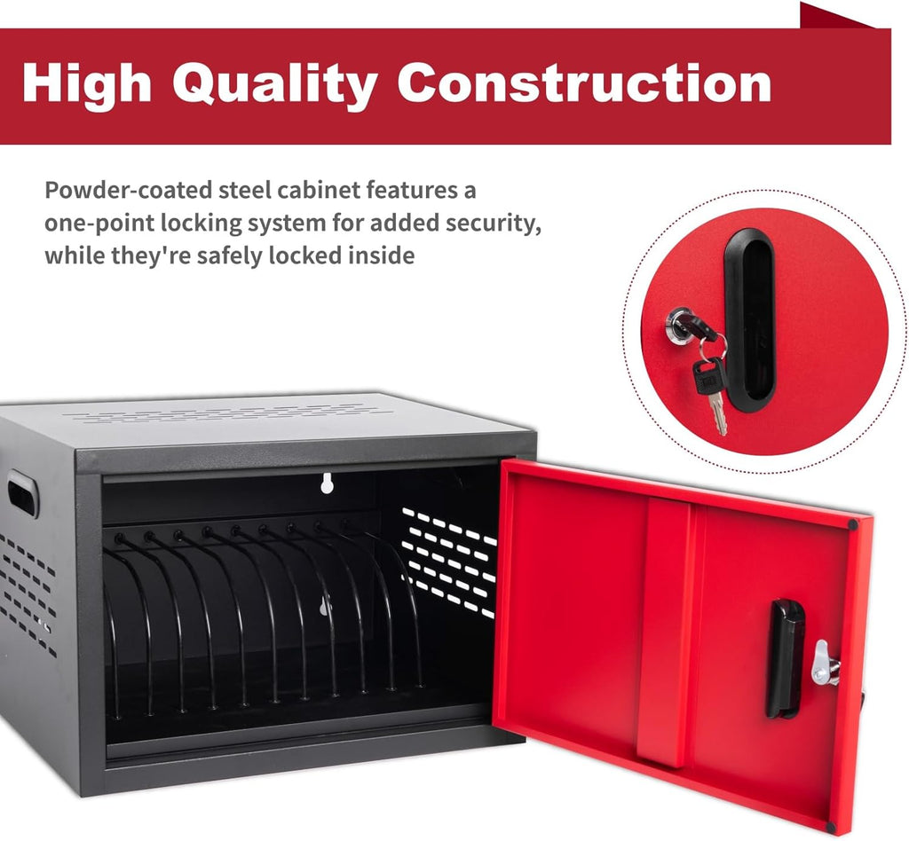 12 Bay Charging Cabinet for Laptop/Chromebook, Black Locking Charging Station with 12-Outlet Strip, Cable Clips, Grommet Holes & Wall-Mount 18.98" W×12.99" D×14.96" H for Office/Classroom