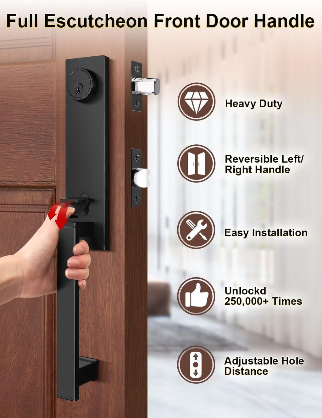 Full Escutcheon HandleSet Front Door Entry Handle and Deadbolt Lock Set Slim Square Single Cylinder Deadbolt and Lever Heavy Duty – Matte Black Finish