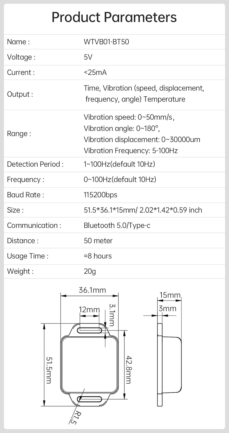 [BLE Vibration Sensor] WTVB01-BT50 Smart Vibration Module Ar-duino, 3-axis Vibration(Amplitude+Frequency+Displacement+Speed) Detector, Wireless Acceleration Shock Motor Monitor