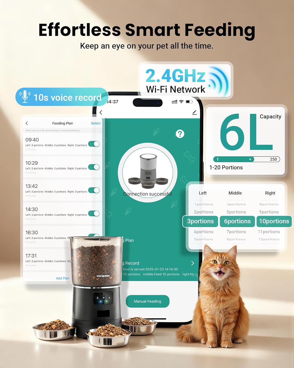 Automatic Cat Feeder for 3 Cats, 6L/25 Cup Cat Food Dispenser with Strong Anti-Jam System, Dual-Effect Desiccant, Smart WiFi App Control Pet Feeder, Automatic Dog Feeder, Gifts for Christmas
