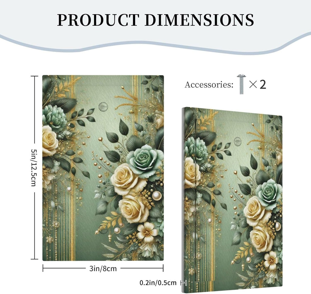 Decorative Light Switch Cover Plate Rustic Green Floral Leaves Teal Flowers Gold Stripe 1 Gang No Device Single Blank Outlet Covers Wall Plate Cover Switchplate Faceplate