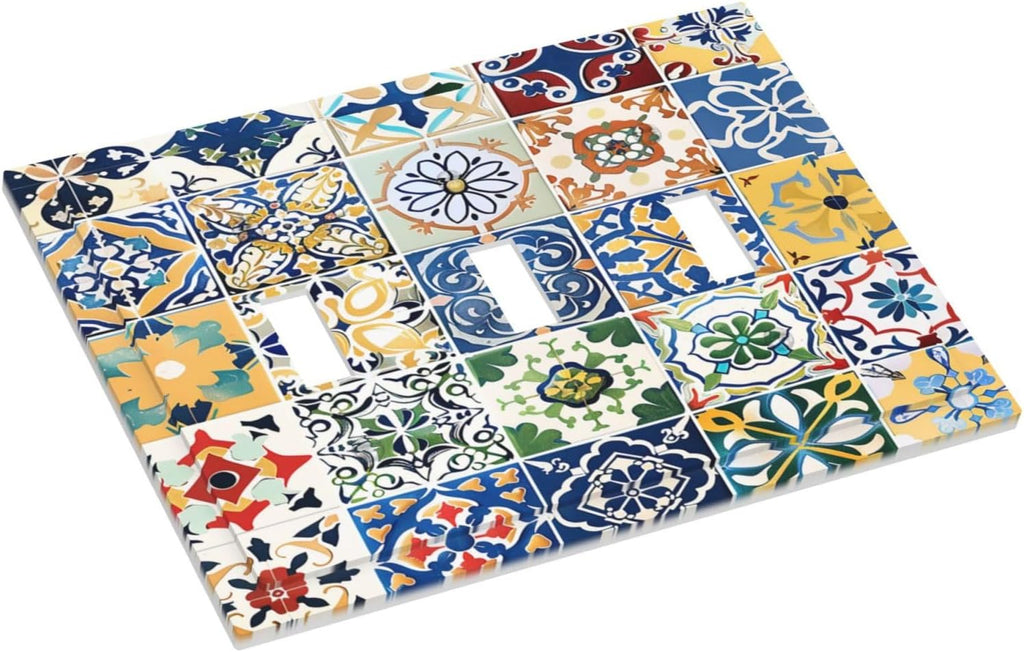 Decorative Switch Plates Moroccan Traditional Mexican Talavera Til 3 Gang Wall Plate Triple Toggle Light Switch Cover Faceplate Electrical Wall Panels for Kitchen Home Decor
