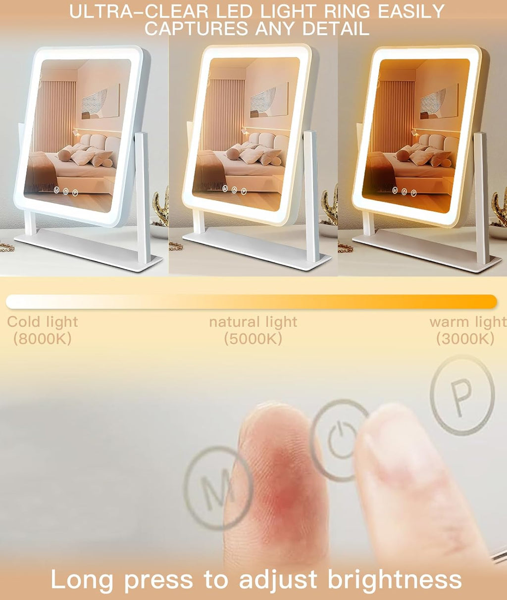 Lighted Makeup Mirror, Hollywood Vanity Mirror, 3 Color Lighting Modes, 360° Rotation, HD Glass Mirror, and 10X Magnification Mirror Smart Touch Control for Home & Travel (White)