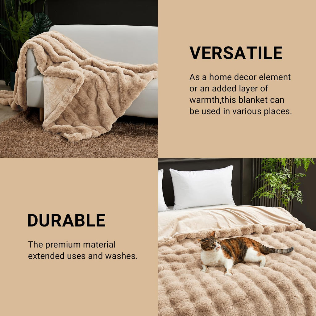 SAPHREAS Faux Fur Throw Blanket for Couch, Fluffy Fuzzy Bubble Blanket for Sofa Bed Living Room, Decor Soft Cozy Gifts for Women Men, 50x60” Khaki