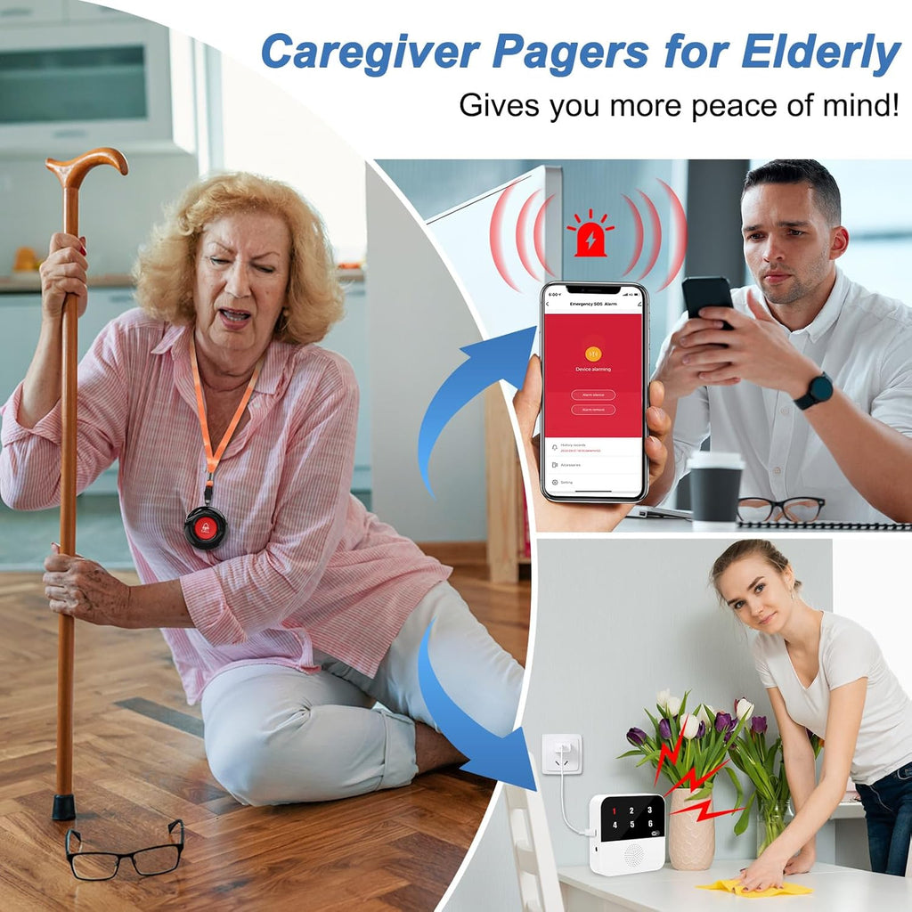 WiFi Smart Wireless Caregiver Pagers for Elderly Alert Button That Calls Cell Phone Caregiver Alert System with LED Number Display 2 SOS Call Button 1 Receiver(Only Supports 2.4GHz & No Monthly Fee)