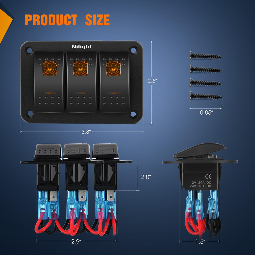 Nilight 3 Gang Rocker Switch Panel with Orange LED Light 5 Pin On Off Pre-Wired Aluminum Toggle Switches Waterproof for 12V/24V Cars Marine Boats ATVs Trailers RV Trucks