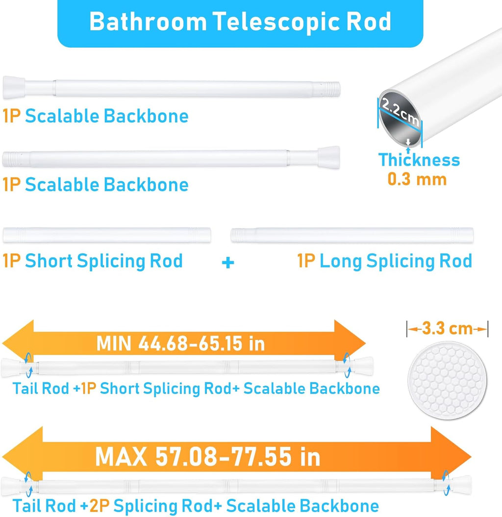 Shower Curtain Rod 42-73 Inch White Shower Rod 7/8" Tension Curtain Rod Adjustable Curtain Rods No Drilling Shower Tension Rod Shower Curtain Tension Rod for Bathroom Windows Doorways