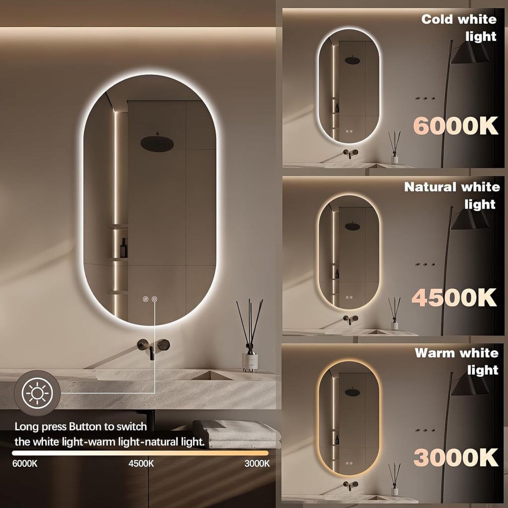51" x 27" Oval LED Mirror for Bathroom, Backlit Vanity Mirror with Lights, Frameless Smart Wall Mirror, 3 Colors Stepless Dimmable, Anti-Fog, Shatterproof, Memory, CRI95+(Horizontal/Vertical)