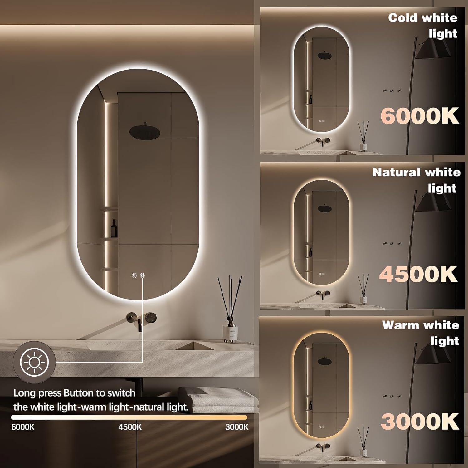 51" x 27" Oval LED Mirror for Bathroom, Backlit Vanity Mirror with Lights, Frameless Smart Wall Mirror, 3 Colors Stepless Dimmable, Anti-Fog, Shatterproof, Memory, CRI95+(Horizontal/Vertical)