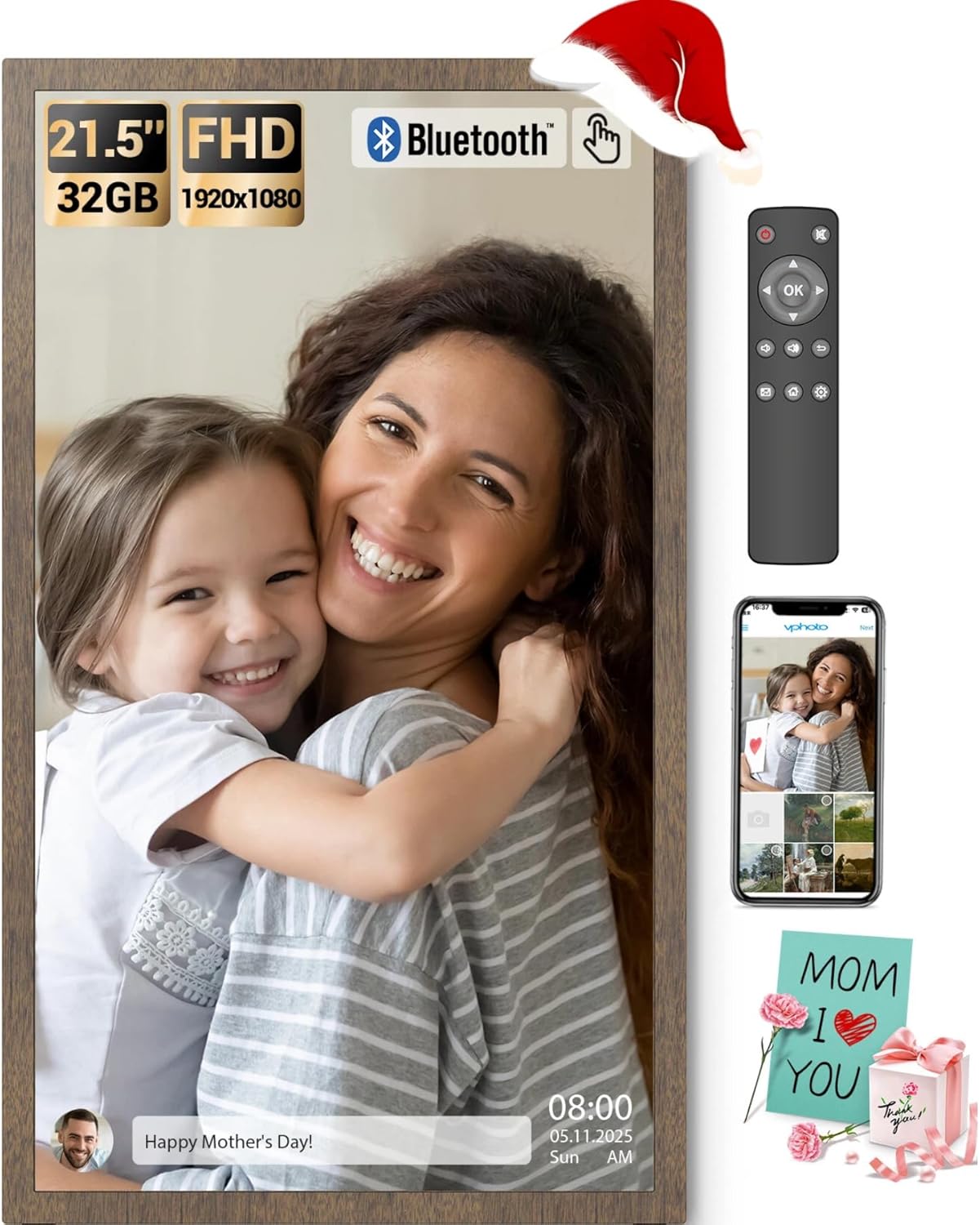 BSIMB Large Digital Picture Frame 21.5 Inch, 64GB Touchscreen 1920x1080 FHD WiFi Digital Photo Frame Electronic Remote Control, Share Pictures/Videos via App/USB/SD Easy Setup Gifts for Mom, Dark Wood