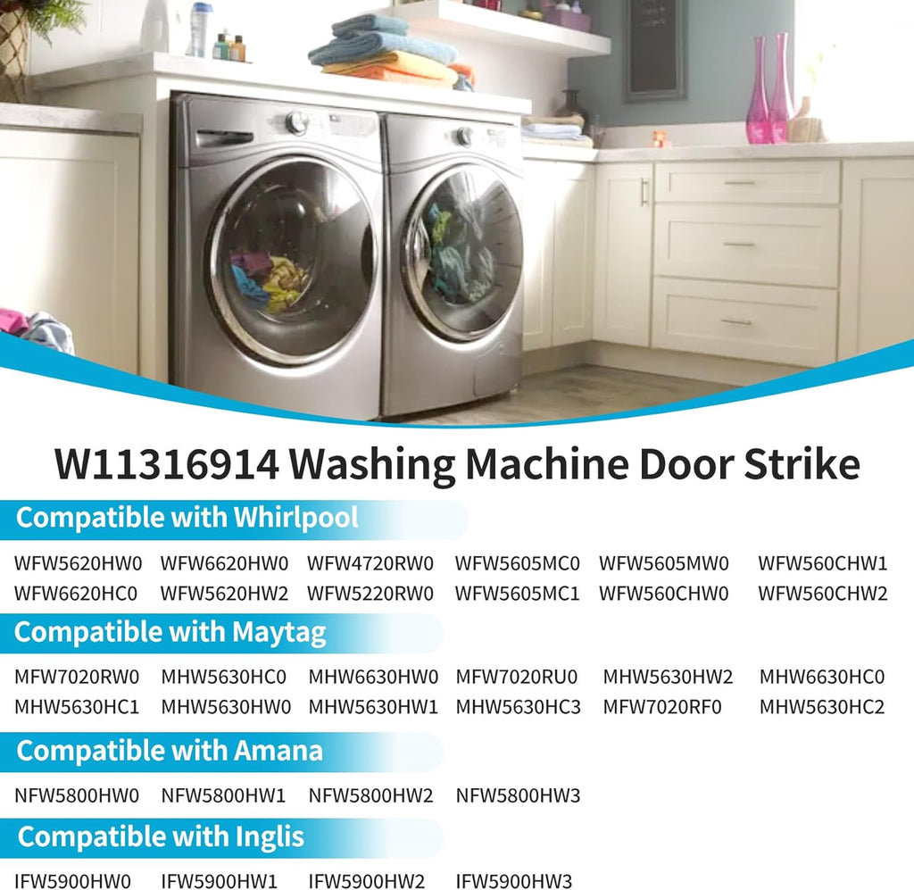 W11316914 Washer Door Strike Compatible with Whirlpool Maytag Amana Inglis Washer WFW5620HW0 WFW6620HC0 WFW6620HW0, Replace Parts W10921697 4929388 AP6872076 PS12711619 EAP12711619 FIX12711619