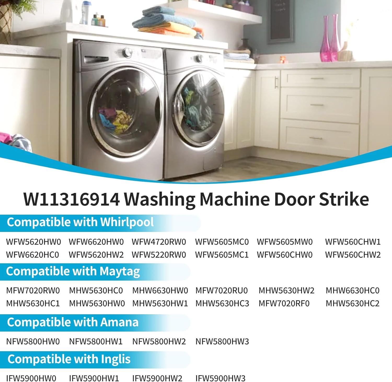 W11316914 Washer Door Strike Compatible with Whirlpool Maytag Amana Inglis Washer WFW5620HW0 WFW6620HC0 WFW6620HW0, Replace Parts W10921697 4929388 AP6872076 PS12711619 EAP12711619 FIX12711619