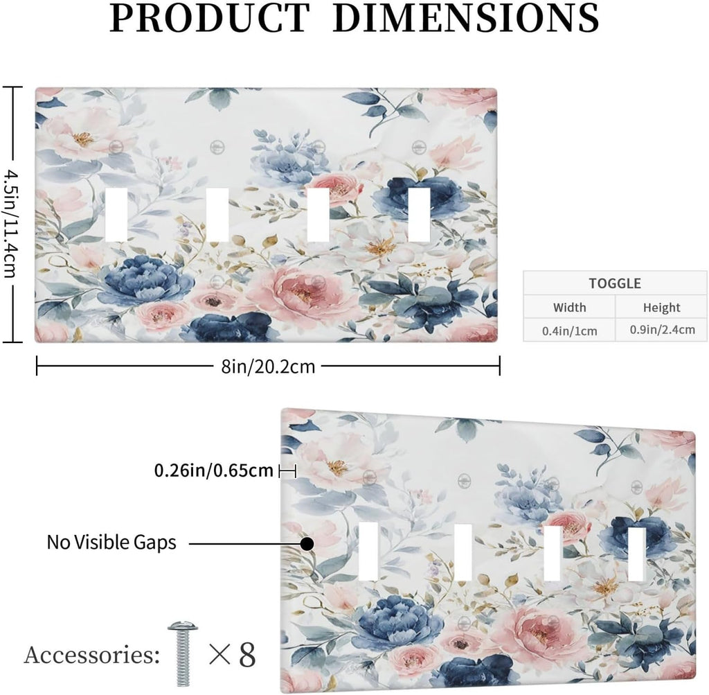 Light Switch Cover Plate Elegant Watercolor Pink Blue Flowers Floral Quad Toggle Wall Plates Decorative Switch Plates 4 Gang Outlet Covers Electrical Panel Cover Faceplate for Home Decor 4.5 X 8 IN