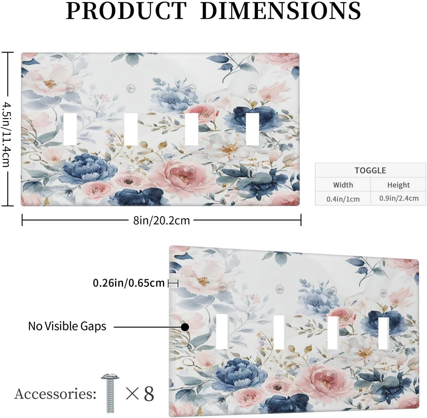 Light Switch Cover Plate Elegant Watercolor Pink Blue Flowers Floral Quad Toggle Wall Plates Decorative Switch Plates 4 Gang Outlet Covers Electrical Panel Cover Faceplate for Home Decor 4.5 X 8 IN