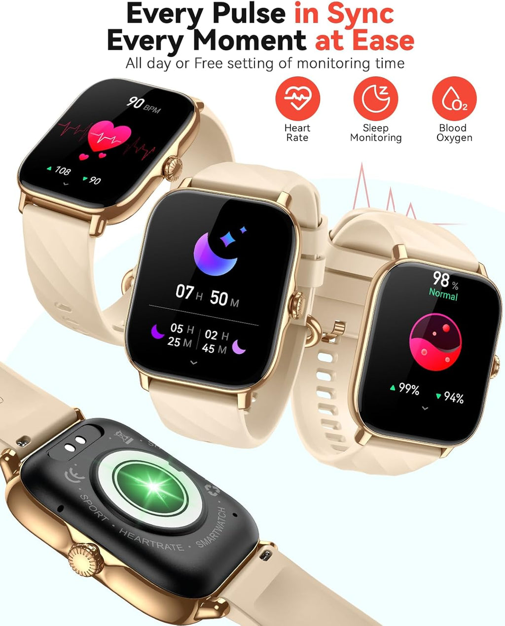 Smart Watches Fitness Tracker for Men Women with Step Counter, Sleep / Calorie Monitor, Pedometer, IP68 Waterproof, 120+ Sports for iPhone Android, 1.91”HD Touchscreen Smartwatch (Casual, Gold, 1.91)