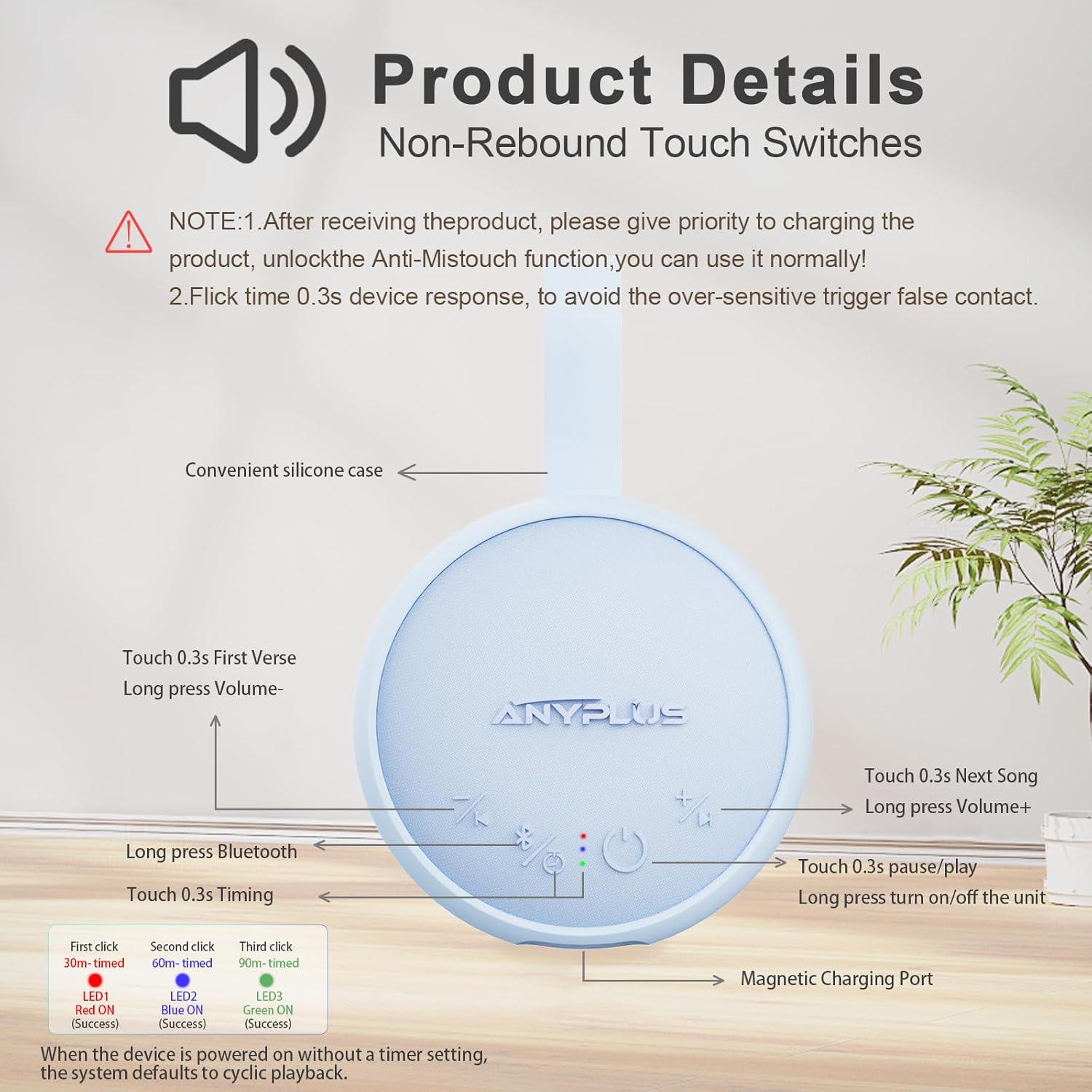 White Noise Sound Machine, Portable Sound Machine for Sleeping Adults & Baby, with Bluetooth 5.1/24 Soothing Sounds/Battery Powered/3 Timer Memory Function for Office/Bedroom/Travel（Blue）