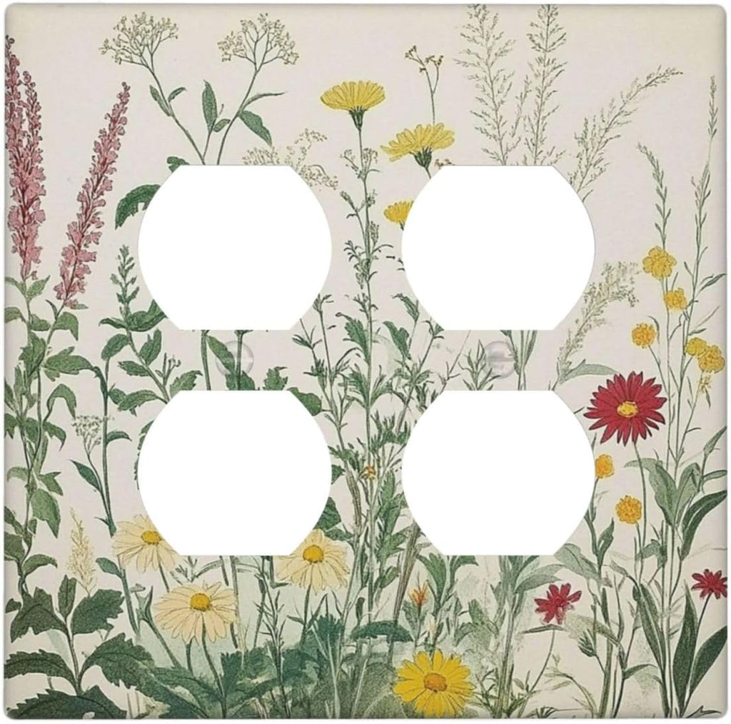 Rustic Wildflower Green Plants Daisy Floral Outlet Covers 2 Gang Double Duplex Decorative Light Switch Covers Electrical Wallplates Socket Faceplate For Farmhouse Bed Room Decor