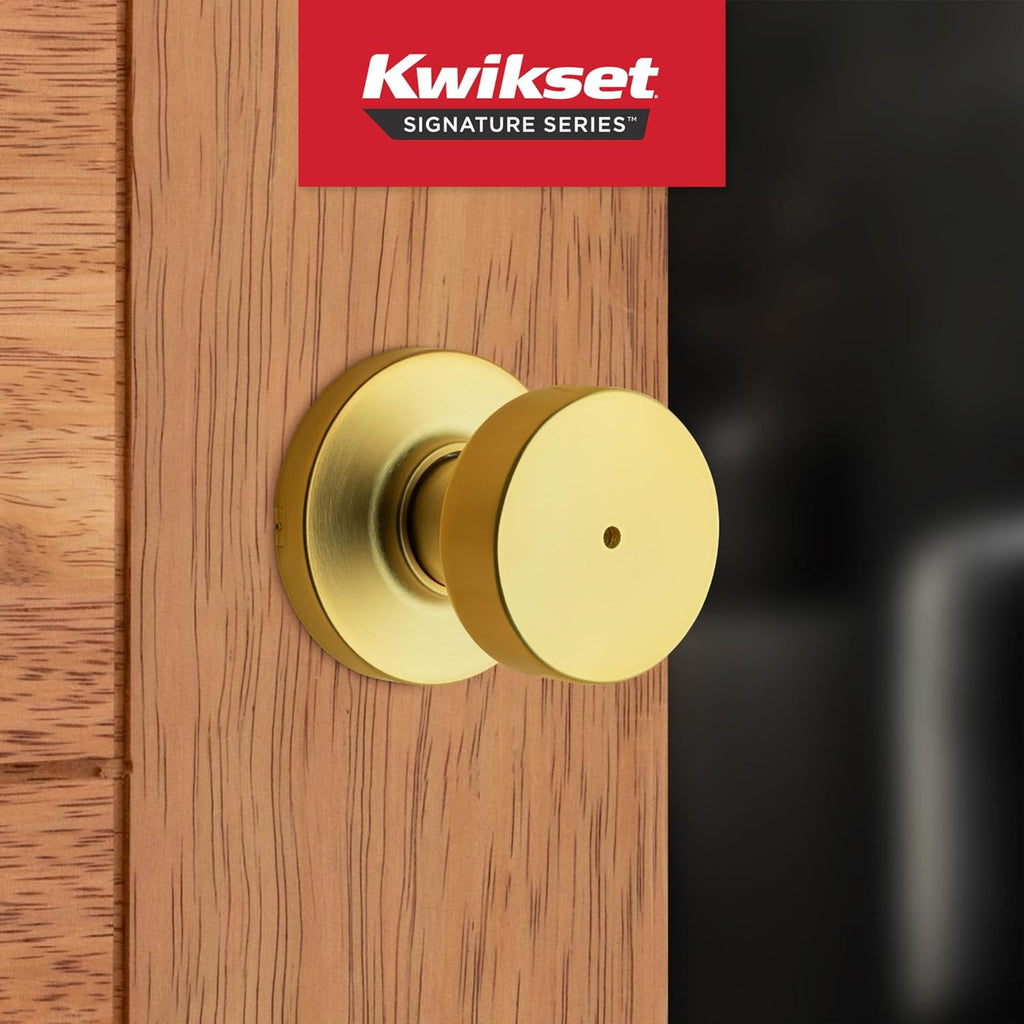 Kwikset Pismo Interior Privacy Door Knob with Lock, Door Handle for Bathroom and Bedroom, Satin Brass, Round, Keyless Turn Lock Doorknob, Microban Protection