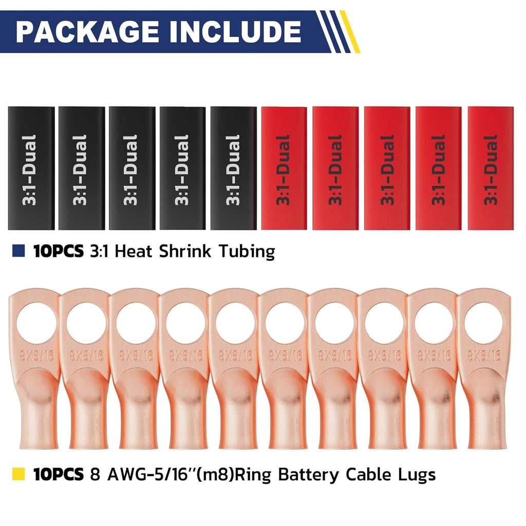 haisstronica 10pcs 8 AWG - 5/16" (M8) Battery Cable Lugs, Heavy Duty Copper Wire Lugs with 10pcs 3:1 Adhesive Heat Shrink Tubing, 8 Gauge Wire Connectors Battery Terminal Connector, Battery Cable Ends