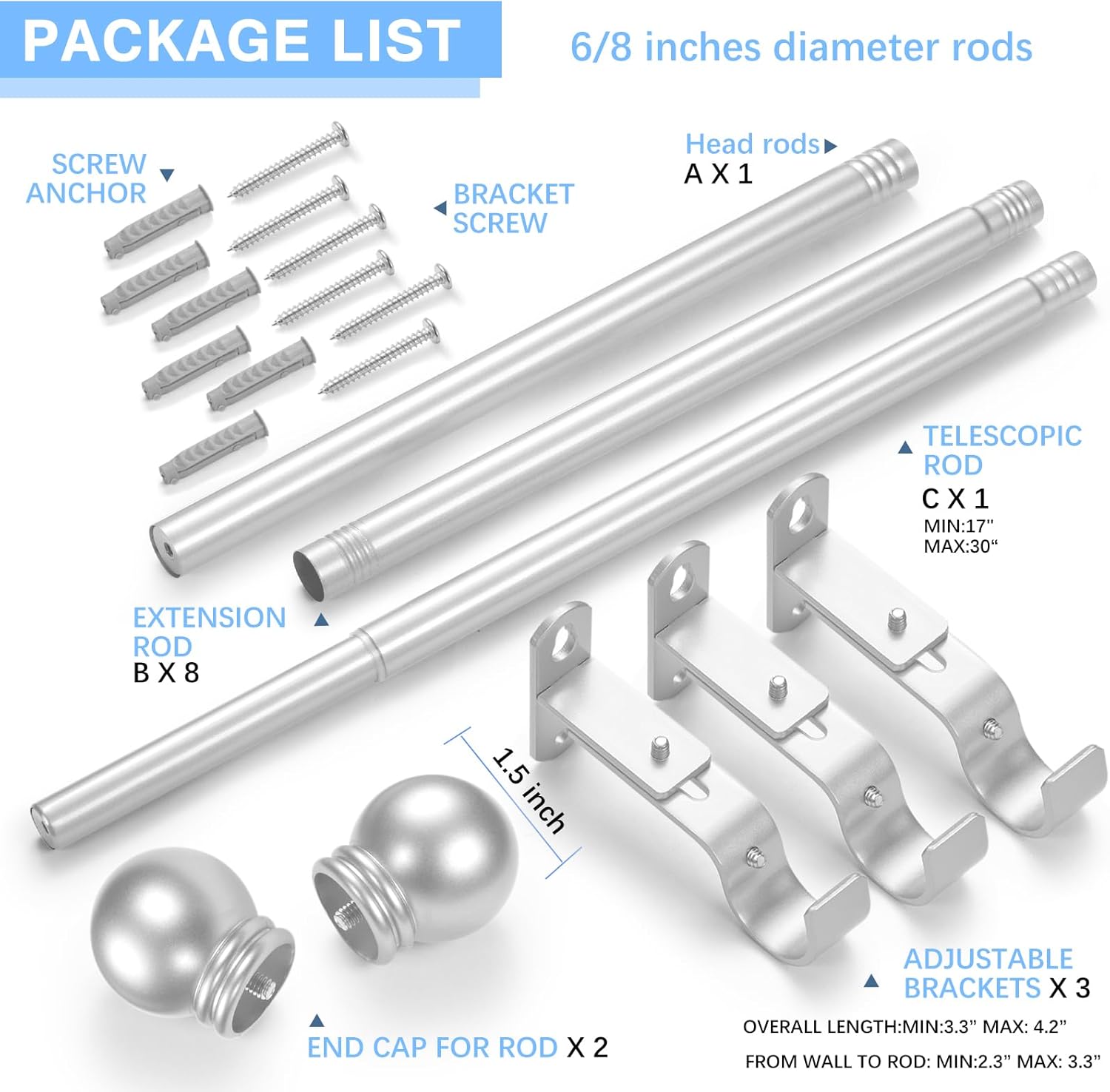 Curtain Rods for Windows 16 to 150 Inches, Curtain Rod Max Adjustable Length of 160 IN, 6/8" Diameter Drapery Rods Round Finials, Satin Silver, Pack of 1