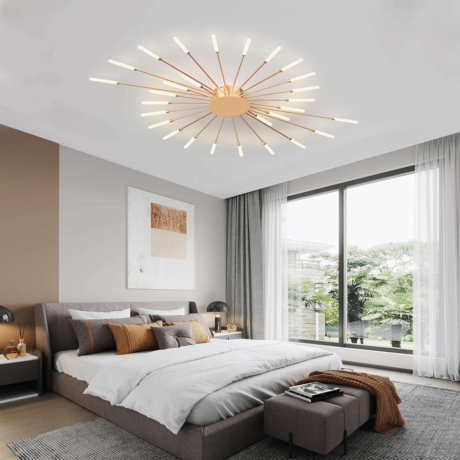 Modern Ceiling Light Flower Shape, Metal Firework Ceiling Lamp with Plug-in LED Source, Lighting Fixture for Living Room Dining Room Bedroom, Natural Light