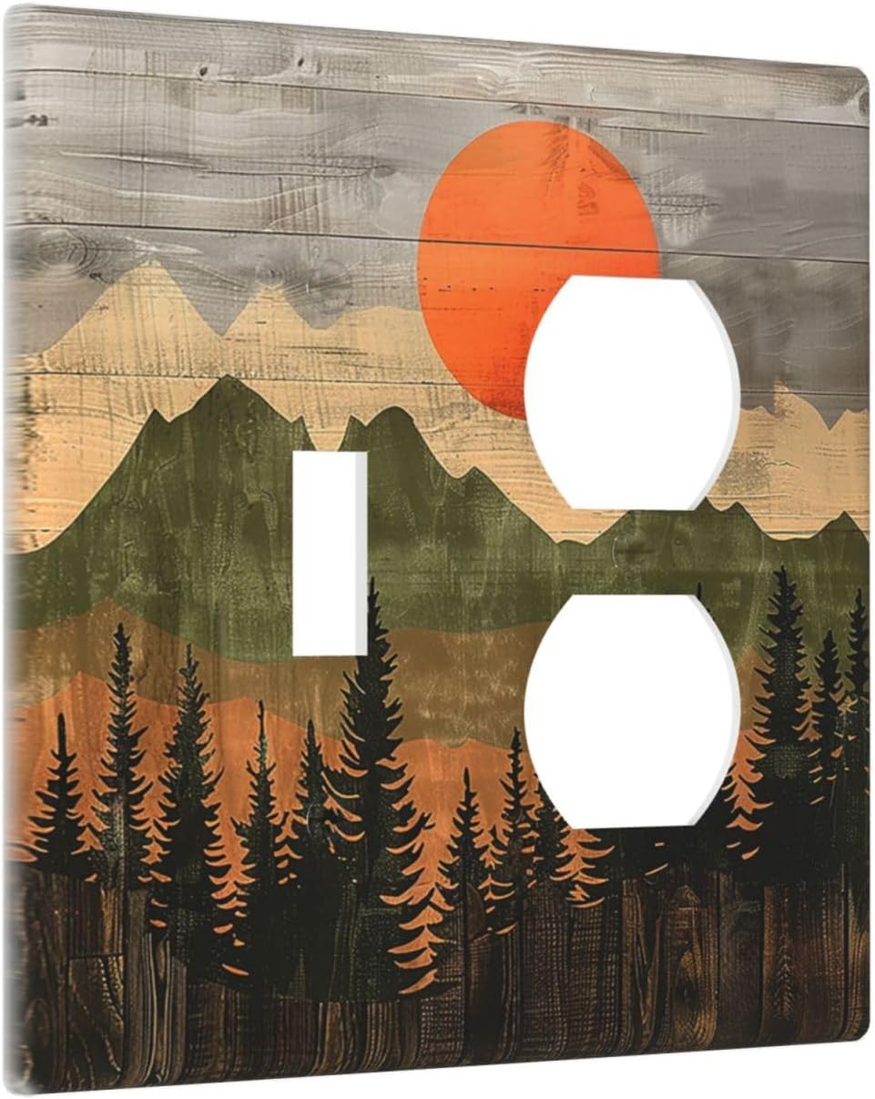 Wallplates Vintage Wood Grain Sun Forest Mountains 1 Toggle 1 Duplex Switch Plate Electrical GFCI Faceplate Decorative Light Switch Covers for Farmhouse Cabin Decor