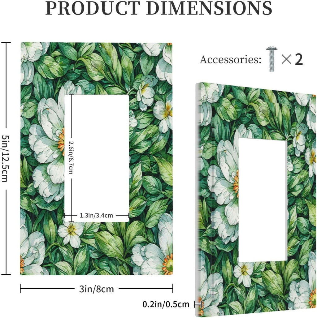 Vintage Floral White Flowers Green Plants Leaves Decorative Outlet Covers 1 Gang Single Rocker Light Switch Cover Plate Wall Plates GFCI Faceplate for Bedroom Bathroom Decor