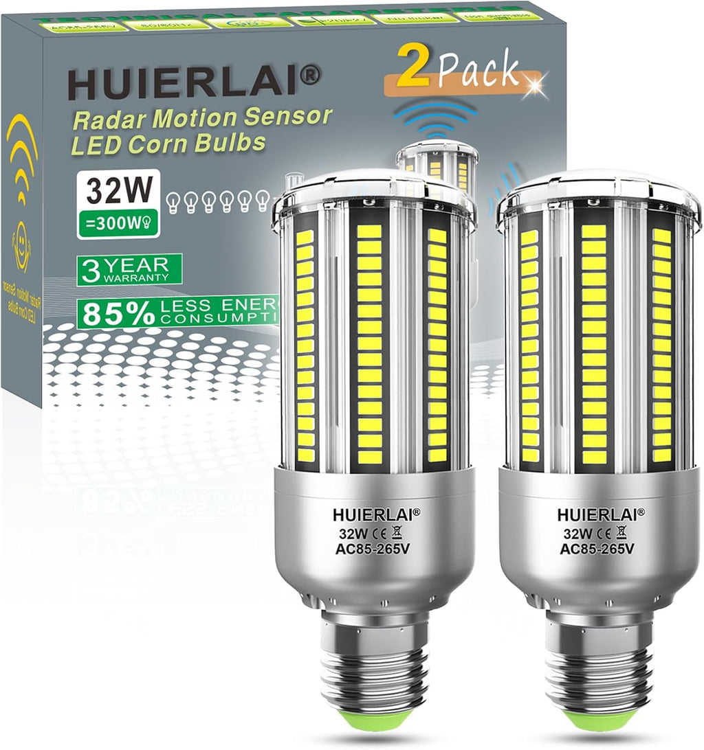 Radar Motion Sensor LED Light Bulbs, 32W Daylight White 6000K 4000LM (300W Equivalent) Auto Motion Detector Activated Dusk to Dawn Light for Stairway, Hallway, Porch, Garage, Driveway, Patio, 2 Pack
