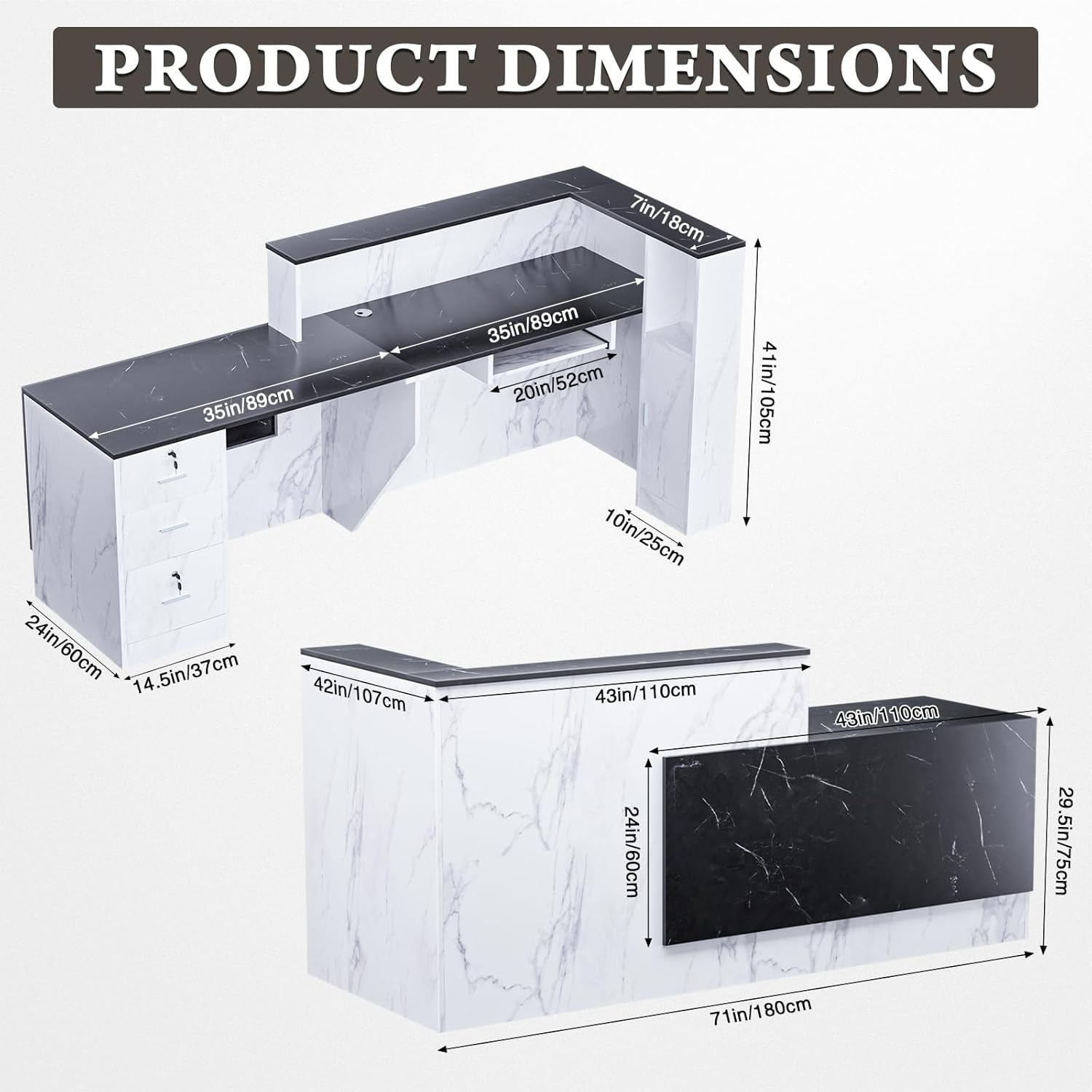 R-Shaped Modern Reception Desk with Counter & Storage - 71"/84" Large Office Front Desk, Salon Checkout Counter with Lockable Cabinets, Shelves & Drawers (Black & White, Right - 71''L x 34''W x 41''H)