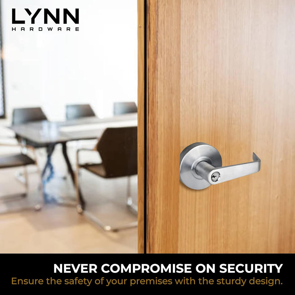 LYNN HARDWARE Commercial Door Lever Lock - Heavy-Duty Locking Door Handle, Designer Door Handles, Cylindrical Lever Lock, Non-Handed Grade 2 Door Handle, Satin Chrome, Entrance Keylock w/Clutch