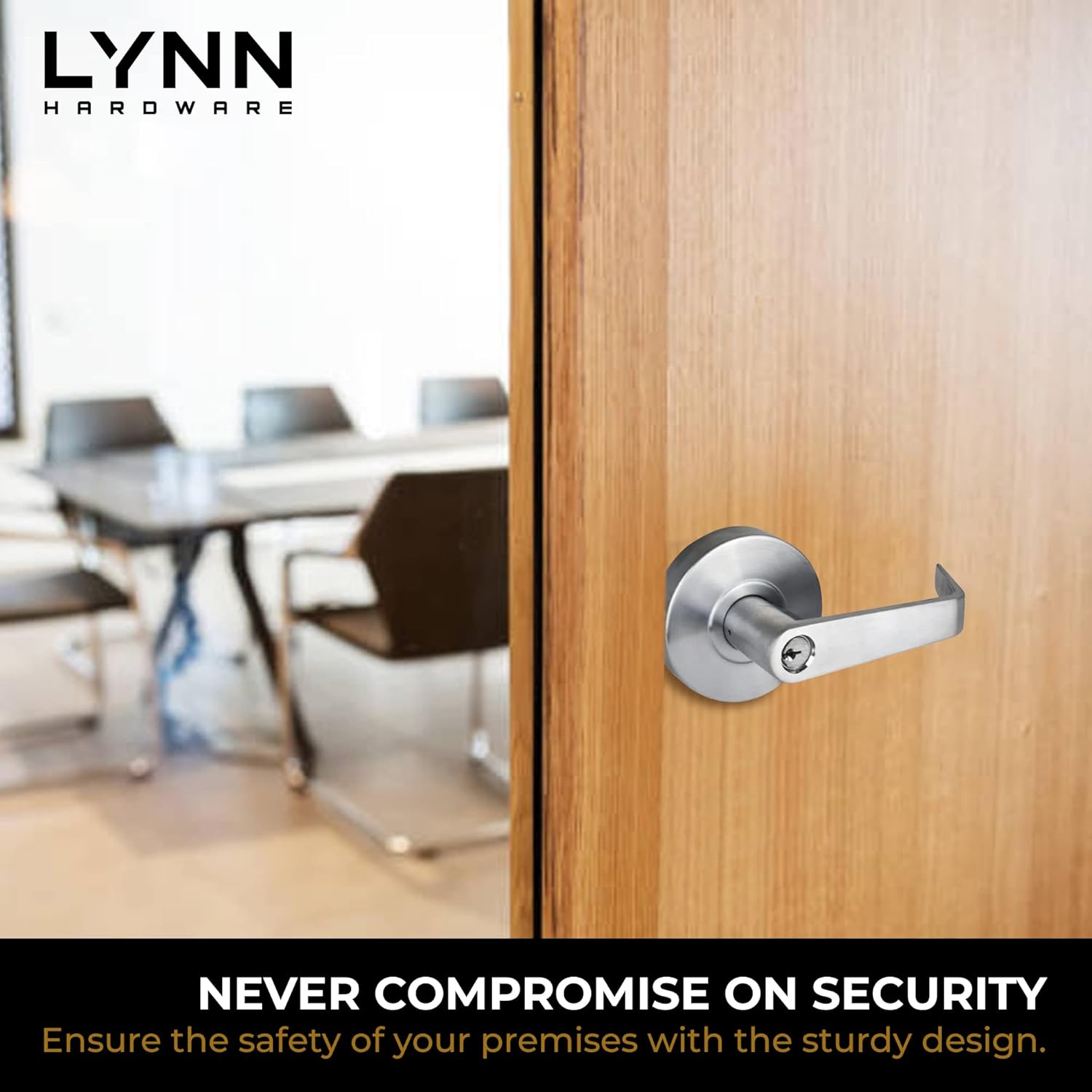 LYNN HARDWARE Commercial Door Lever Lock - Heavy-Duty Locking Door Handle, Designer Door Handles, Cylindrical Lever Lock, Non-Handed Grade 2 Door Handle, Satin Chrome, Storeroom Function