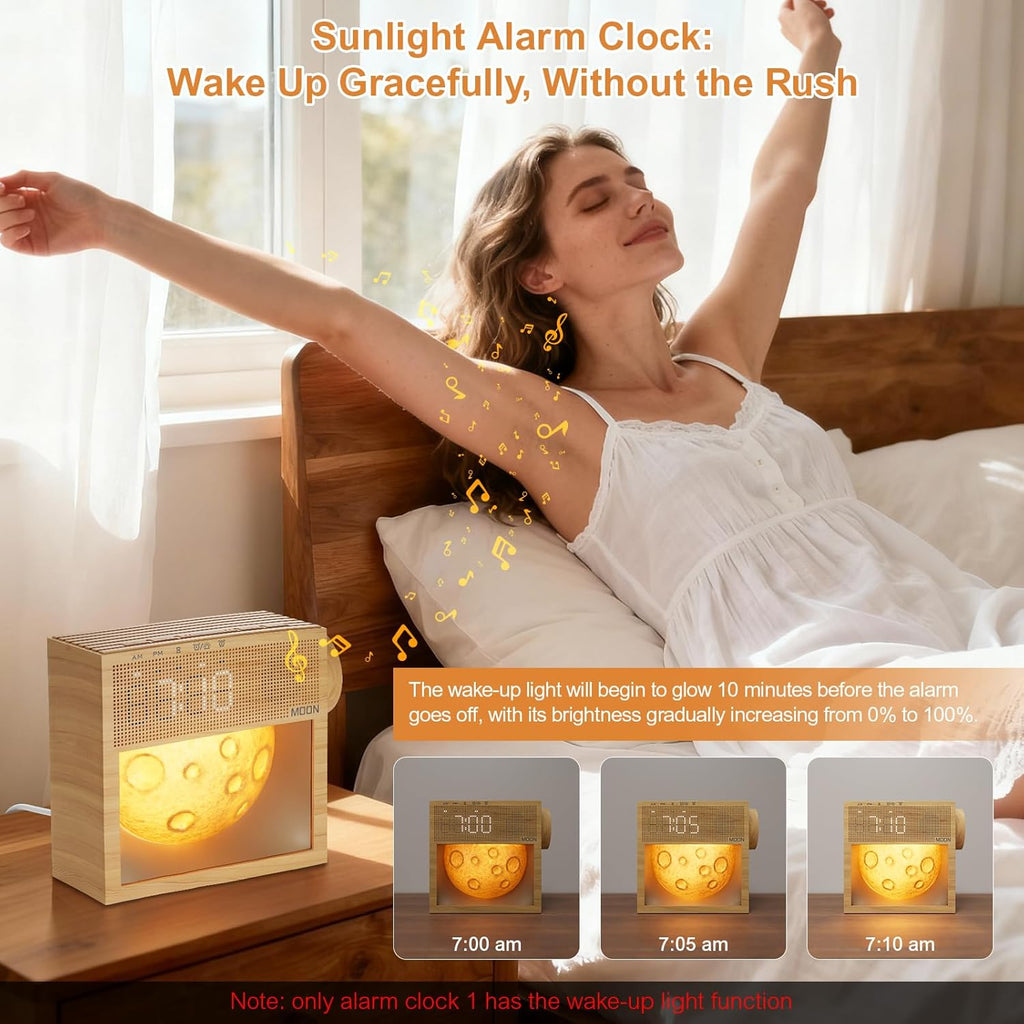 Sunrise Alarm Clock, Sound Machine & Gentle Wake-Up Light, Dual Alarms 20 Natural White Noise Machine for Heavy Sleepers Adults, Snooze, Timer, Dimmable Bedroom Bedside Moon Lamp, Better Sleep Gifts