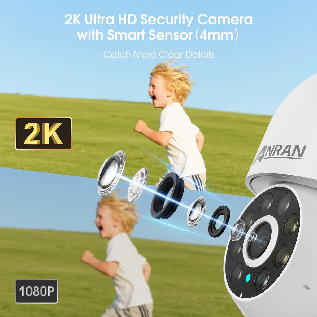 ANRAN 2K WiFi Security Camera Outdoor: 2.4/5GHz Dual-Band, Auto-Tracking, 2-Way Audio, Color Night Vision, 24/7 Recording, 3MP Pan-Tilt 360° View Camera for Home/House