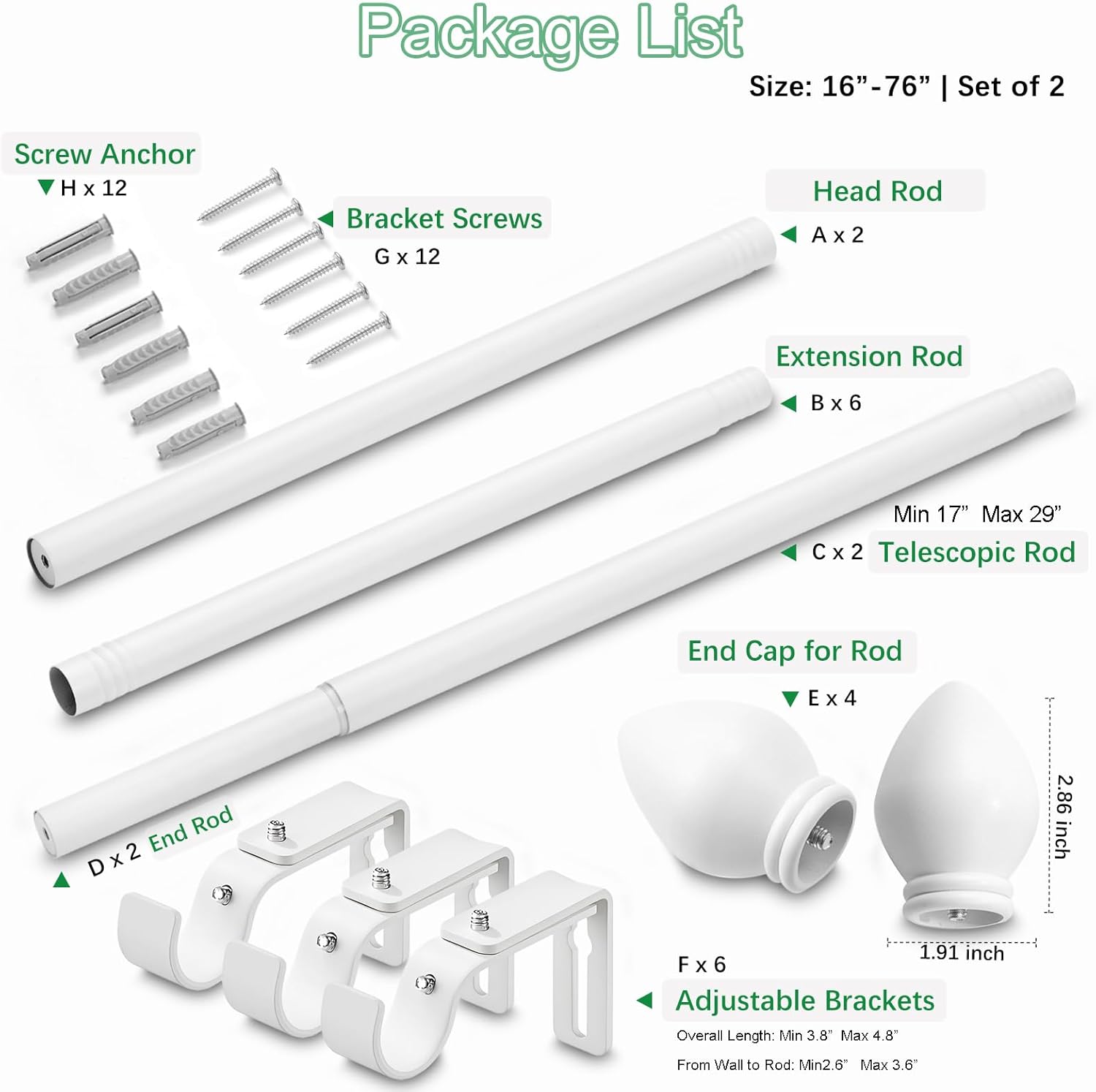 Curtain Rods for Windows 16 to 76 inches, Curtain Rod Max Adjustable Length to 88 in, Drapery Rod 1 inch Diameter with Modern Knobs Finials (White, 16" to 76" - Set of 2)