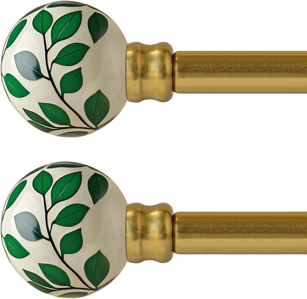 Ceramic Gold Curtain Rods Set of 2 for Windows 72 to 144 Inches Adjustable Length Duty 1" Diameter Window Curtain Rod with Modern Green Leaf Pattern Decorative Finials for Bedroom Living Room Kitchen