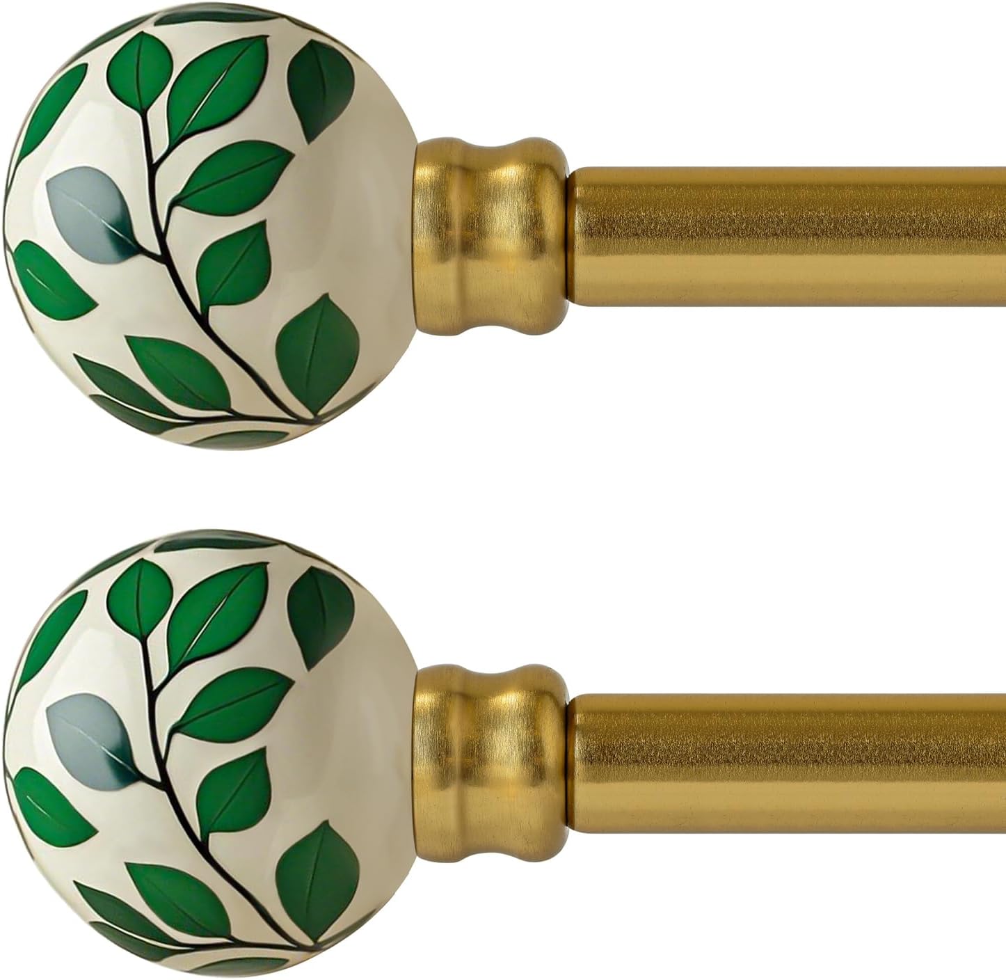 Ceramic Gold Curtain Rods Set of 2 for Windows 72 to 144 Inches Adjustable Length Duty 1" Diameter Window Curtain Rod with Modern Green Leaf Pattern Decorative Finials for Bedroom Living Room Kitchen