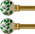Ceramic Gold Curtain Rods Set of 2 for Windows 66 to 120 Inches Adjustable Length Duty 1" Diameter Window Curtain Rod with Modern Green Leaf Pattern Decorative Finials for Bedroom Living Room Kitchen