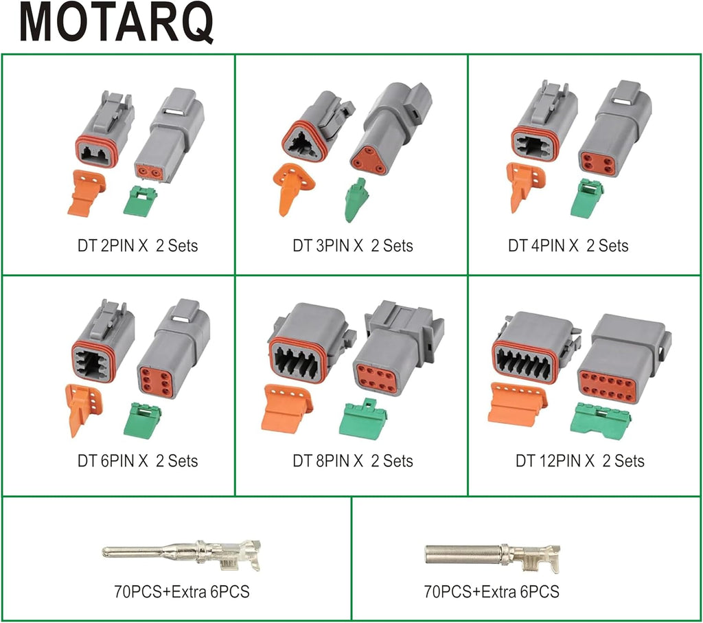 Deutsch Connector Kit 24 Sets, 2/3/4/6/8/12 Pin DT Connector Kit, Automotive Waterproof Wire Connectors, Electrical Connectors Kit with 16# Stamped Contacts for Car, RV, Truck Wiring 22-16AWG