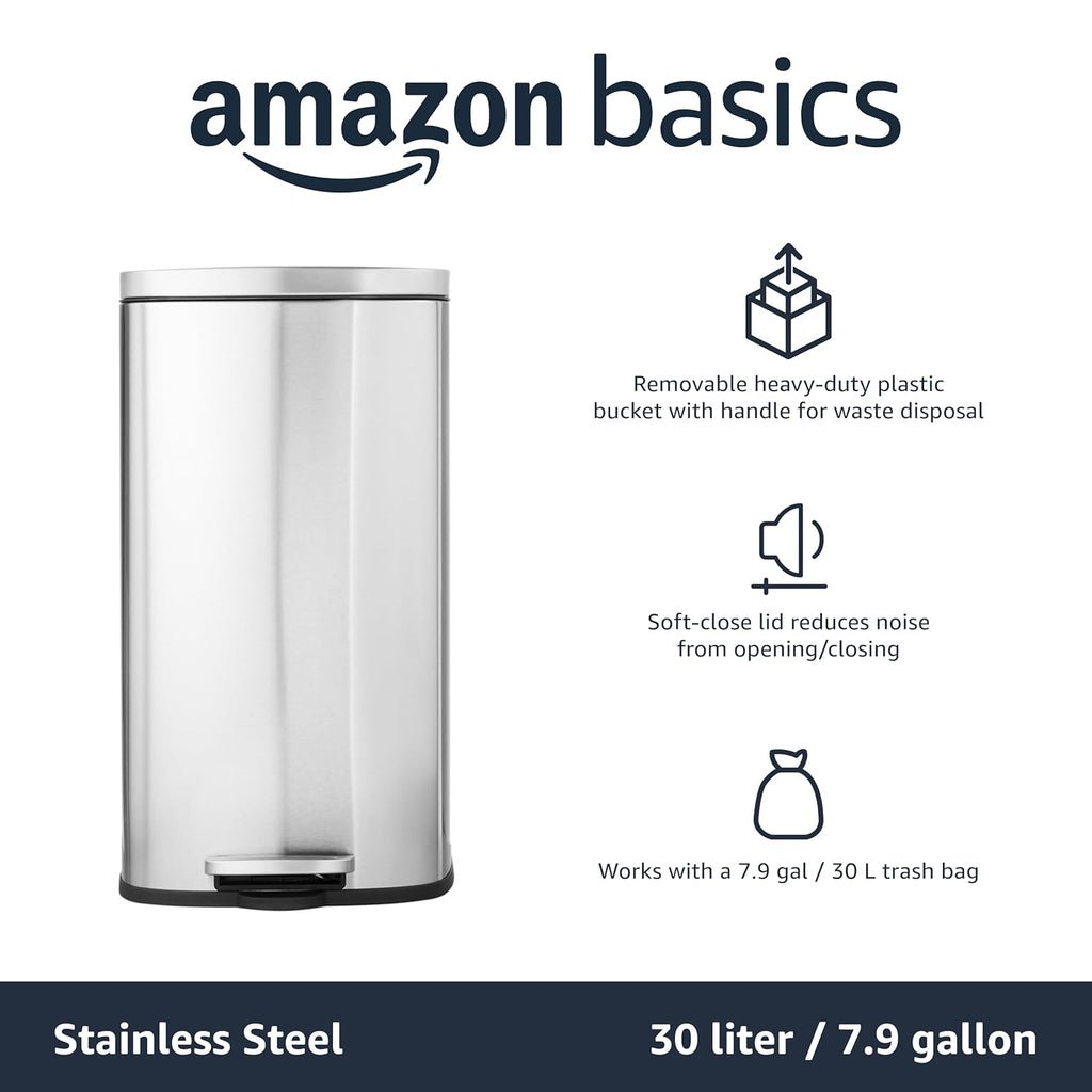 Amazon Basics Smudge Resistant Rectangular Trash Can With Soft-Close Foot Pedal, Brushed Stainless Steel, 30L/7.9 Gal, 13.8x11.8x25 in, Satin Nickel Finish