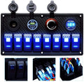 MKING Marine Switch Panel - 8 Gang Waterproof Rocker Panel With Circuit Breaker, USB & Type-C Charger, Digital Voltmeter, Cigarette Socket, 12V Blue LED