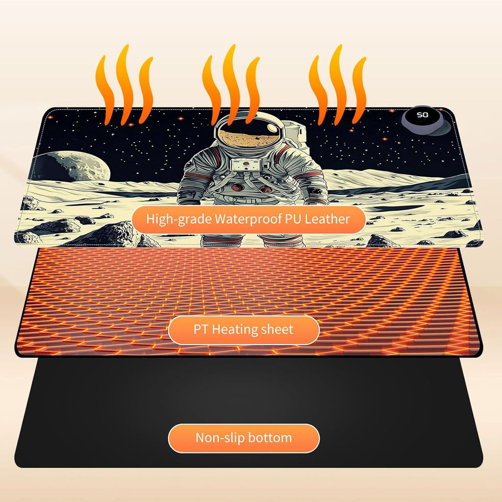 Small Heated Desk Pad 23.6" x 14.2" – Compact Electric Mouse Pad with 3 Heating Levels, Auto Shut-Off, Waterproof PU Surface, Plug-in Warmer for Office or Home Use, Astronaut on Moon