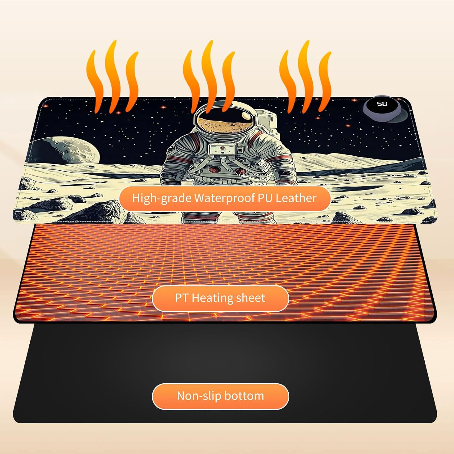 Small Heated Desk Pad 23.6" x 14.2" – Compact Electric Mouse Pad with 3 Heating Levels, Auto Shut-Off, Waterproof PU Surface, Plug-in Warmer for Office or Home Use, Astronaut on Moon