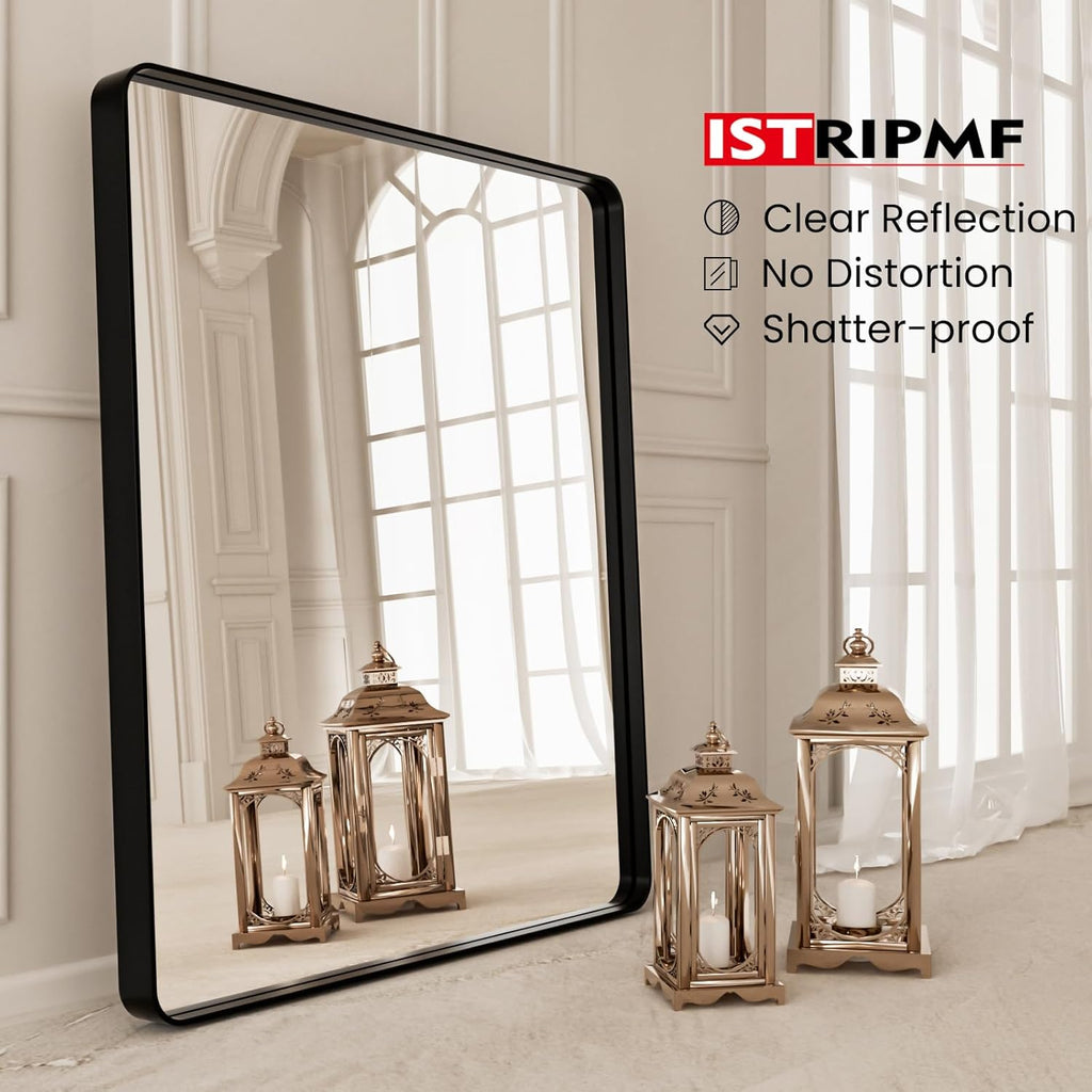 Black Bathroom Mirror 20x30 Inch,Bathroom Vanity Mirror for Wall,Rectangular Round Corner Black Metal Framed Mirror(Horizontal/Vertical)
