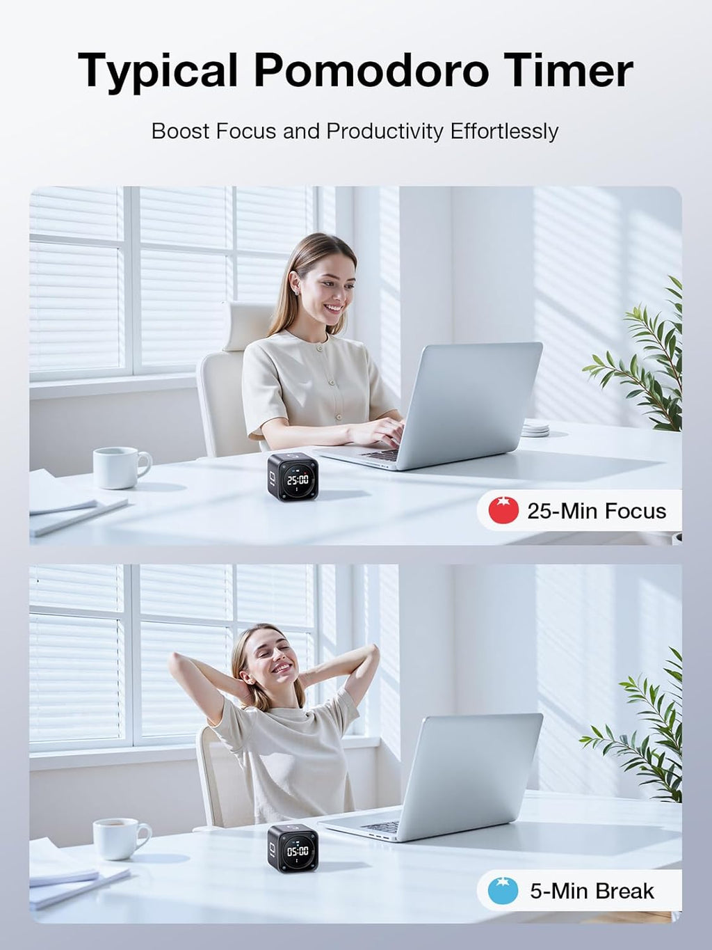 TK3 Pomodoro Timer Cube, Desk Productivity Timer with 5/10/30/60 Min Presets, Custom Countdown, Stopwatch, Clock, 3 Alarm, Silent, Vibrate & Sound Alert, for Task, ADHD, Study, Kitchen, Black