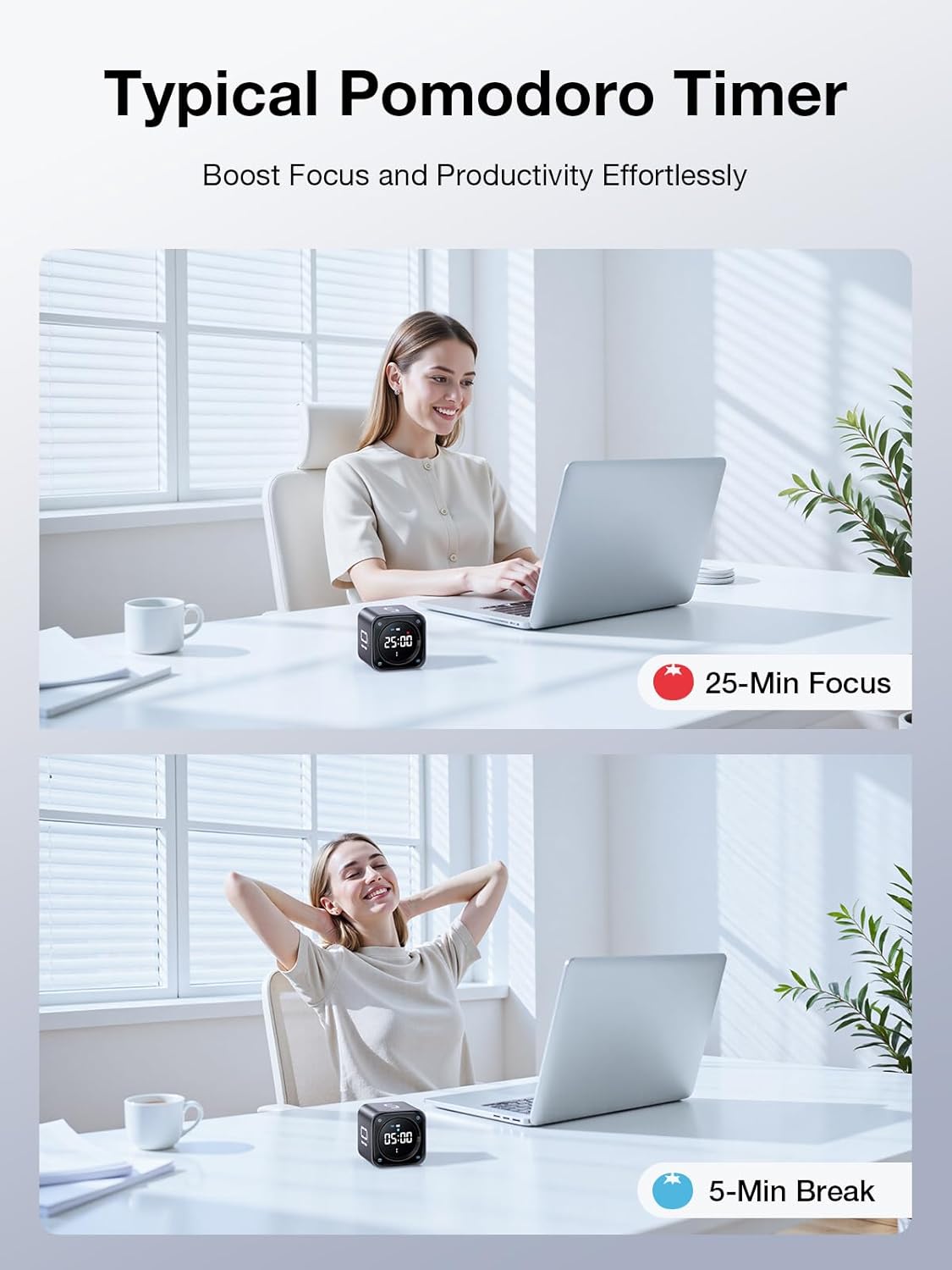 TK3 Pomodoro Timer Cube, Desk Productivity Timer with 5/10/30/60 Min Presets, Custom Countdown, Stopwatch, Clock, 3 Alarm, Silent, Vibrate & Sound Alert, for Task, ADHD, Study, Kitchen, Black