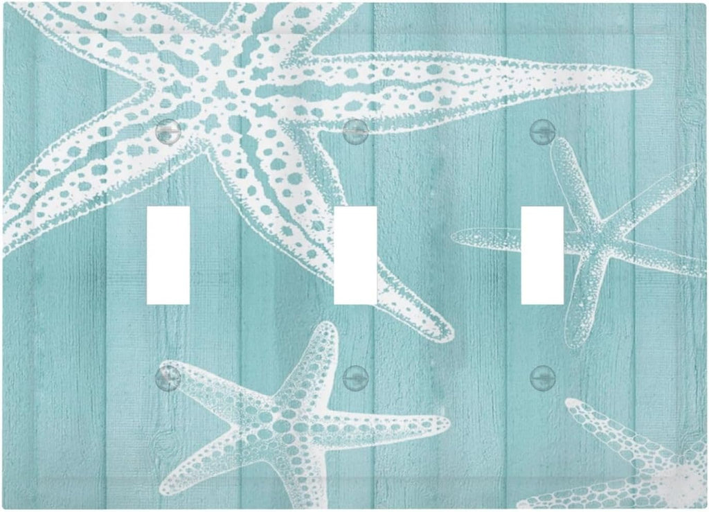 Decorative Light Switch Cover Plate Starfish Teal Wood Board Nautical 3 Gang Wall Plates for Electrical Outlets Triple Toggle Switch Plate Covers Outlet Covers Faceplate for Bedroom Home Decor